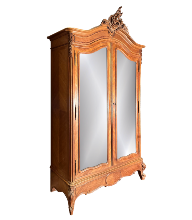 Antique French Louis Xv Walnut Armoire With Bevel Mirrored Double Doors 2